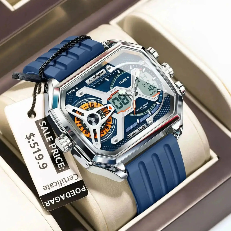 Luxury LED Calendar Week Wristwatch For Men, Rectangular Silicone Strap, Quartz
