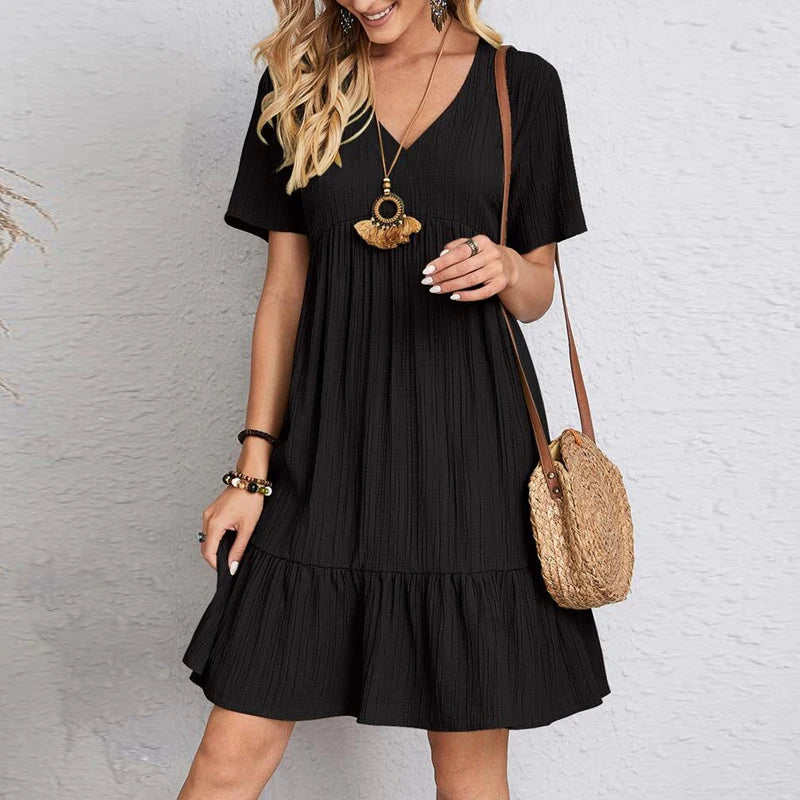 Elegant A-Line Mini Dress with V-Neck and Short Sleeves for Summer black / XL