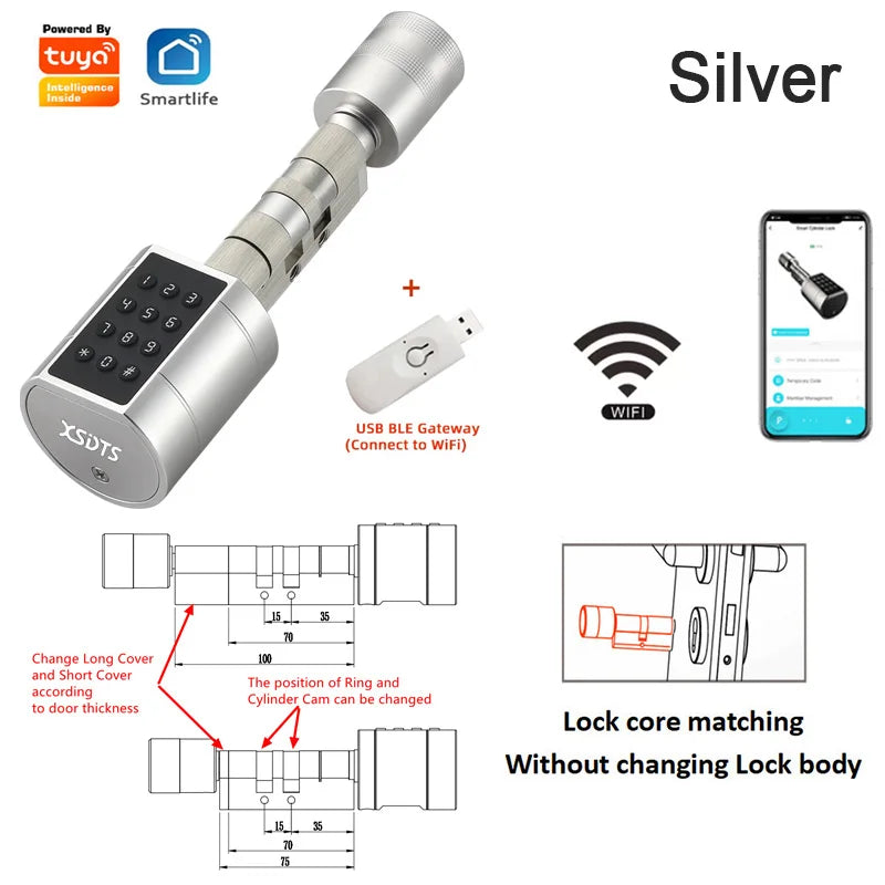 Smart Fingerprint Door Lock Silver and Gateway / Suitable 35-100mm