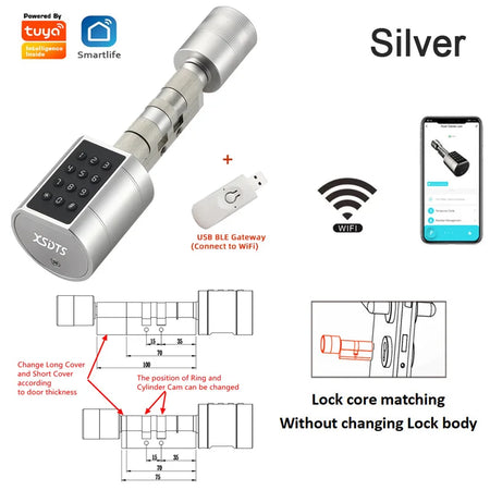 Smart Fingerprint Door Lock Silver and Gateway / Suitable 35-100mm