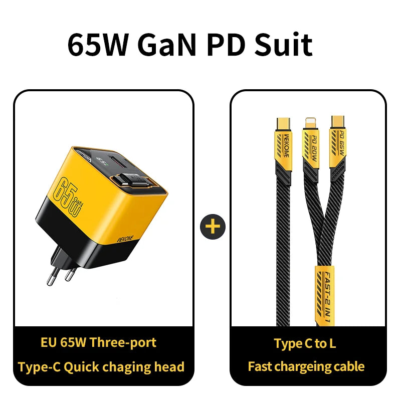 CrownQu 65W USB-C Fast Charger &ndash; Intelligent Charge with Built-in 80cm Type-C Cable EU 2in1 Cable