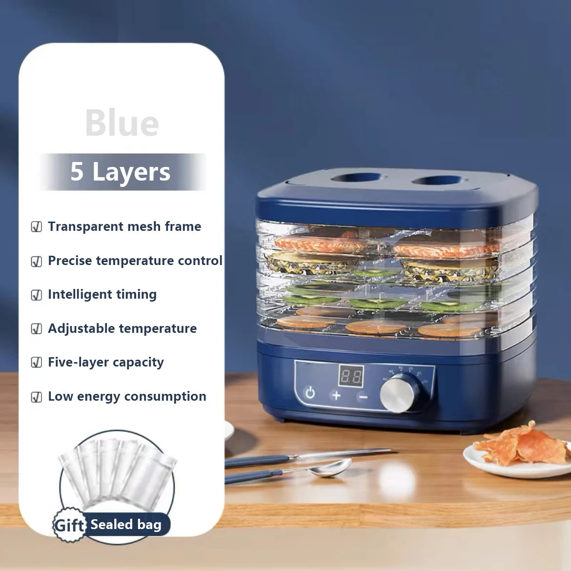 CUKYI Mini Food Dehydrator &ndash; Adjustable Temperature and Five Trays Blue 5 Layer / CHINA