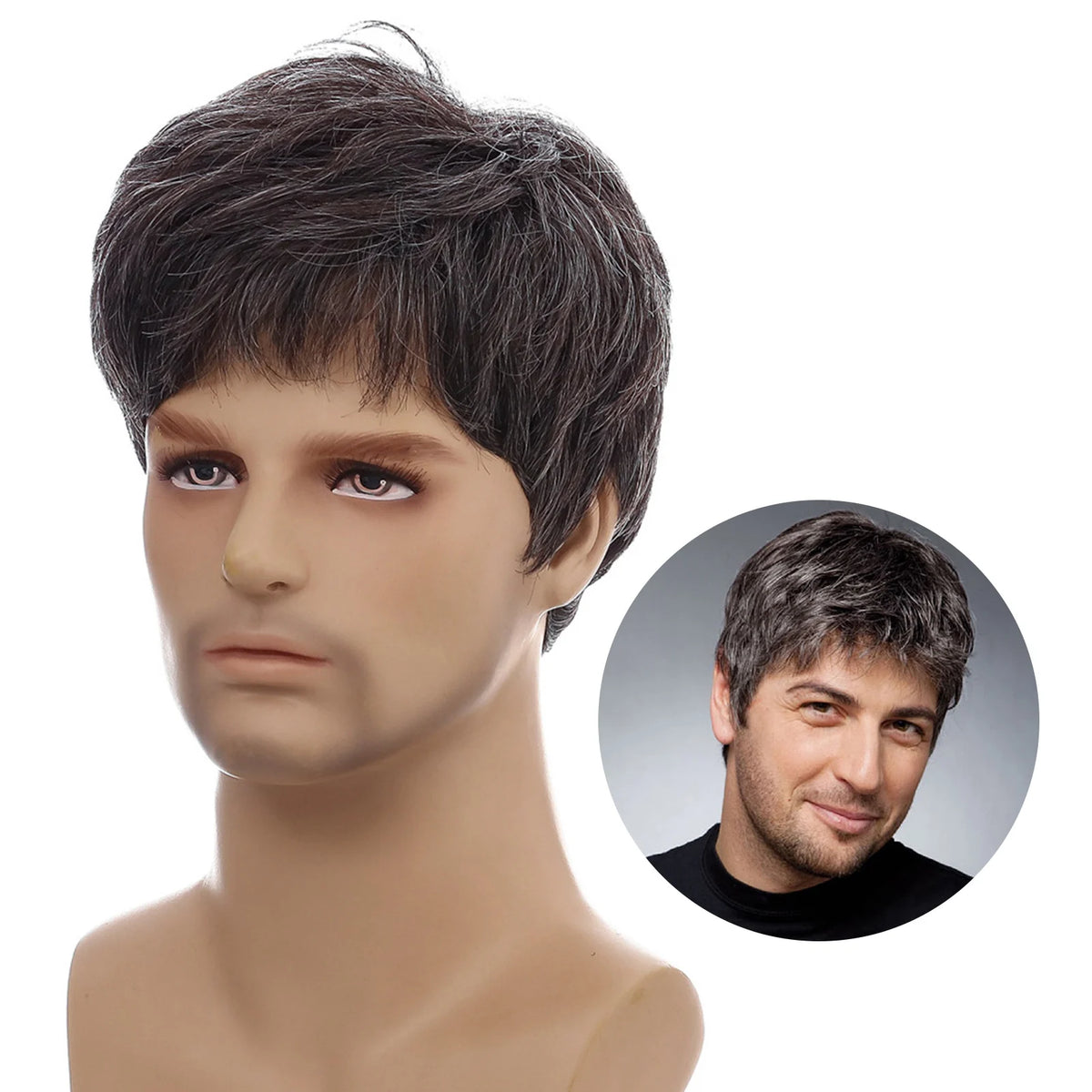 Men's Short Fluffy Straight Full Bang Black Synthetic Wig Brown Silver Grey / CHINA / 20CM