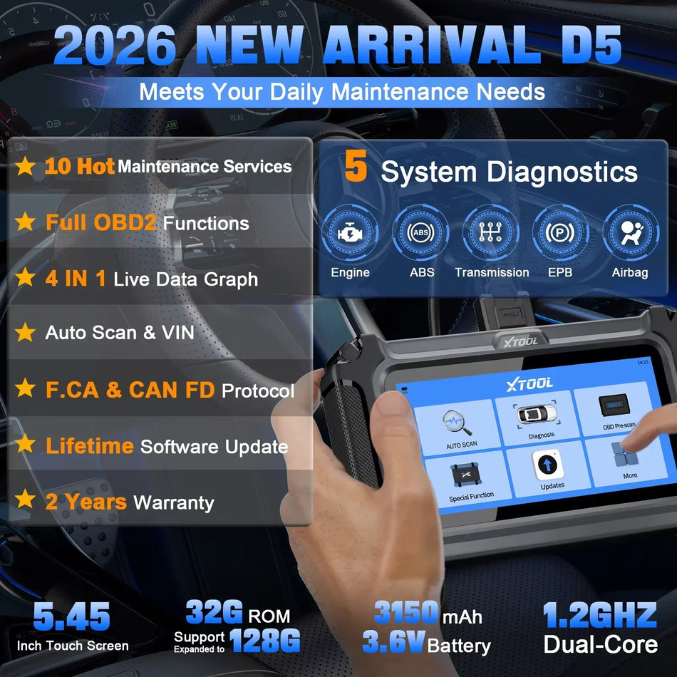 XTOOL D5 Scanner de Diagnóstico OBD2 para Carros com 10 Reinícios e Atualizações