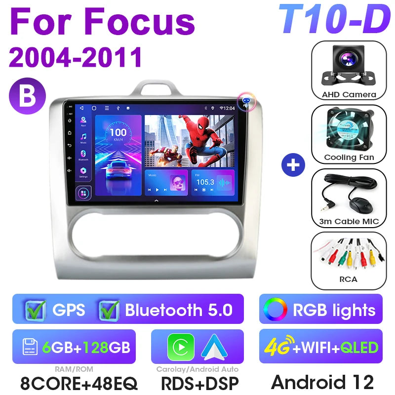 2 Din Android 12 Car Radio For Ford Focus 2 3 Mk2 Mk3 2004-2011 &ndash; Multimedia GPS With 4G Carplay T10-D-Camera-B
