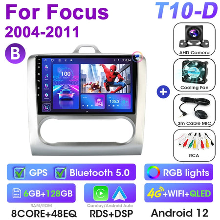 2 Din Android 12 Car Radio For Ford Focus 2 3 Mk2 Mk3 2004-2011 &ndash; Multimedia GPS With 4G Carplay T10-D-Camera-B