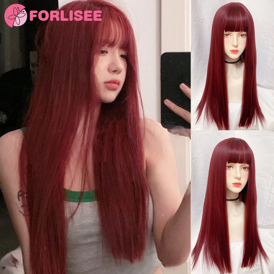 Forlisee Matte Wine Red Long Straight Wig with Bangs