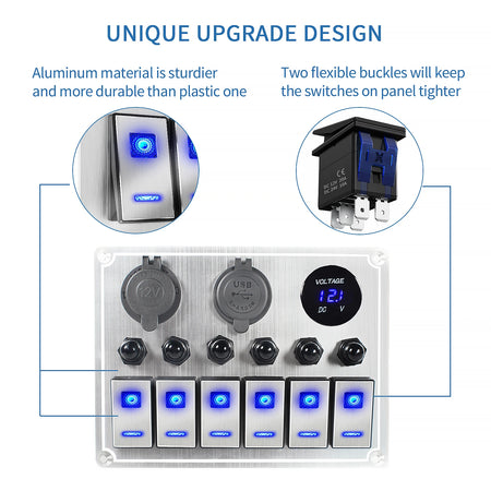 Premium 4/6 Gang Waterproof Switch Panel with Digital Voltmeter and Dual USB Ports
