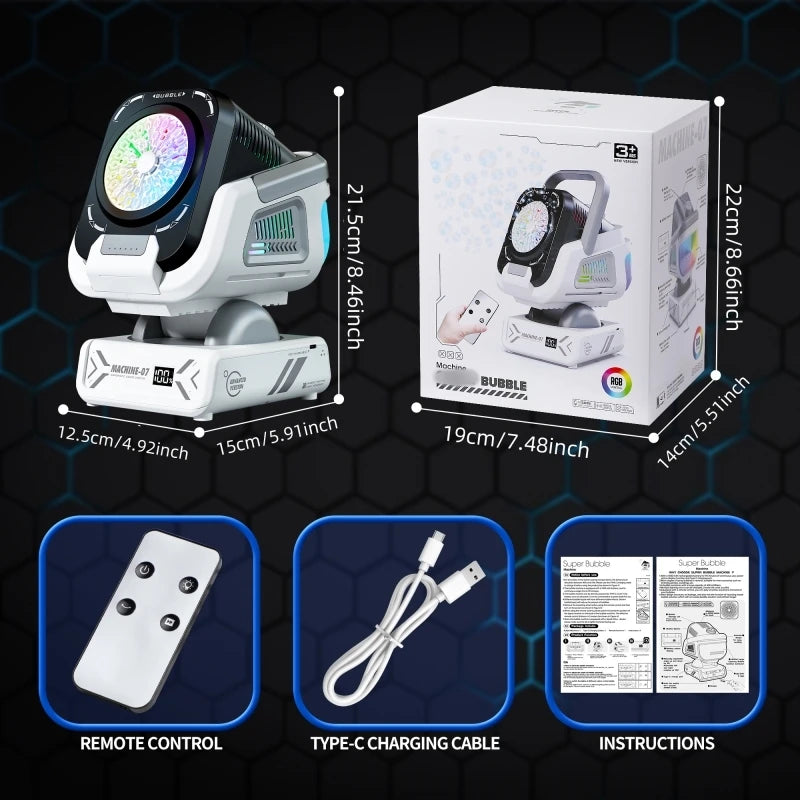 Bubble Machine with Remote Control, Auto Rotation, RGB Light &amp; Rechargeable Battery WHITE