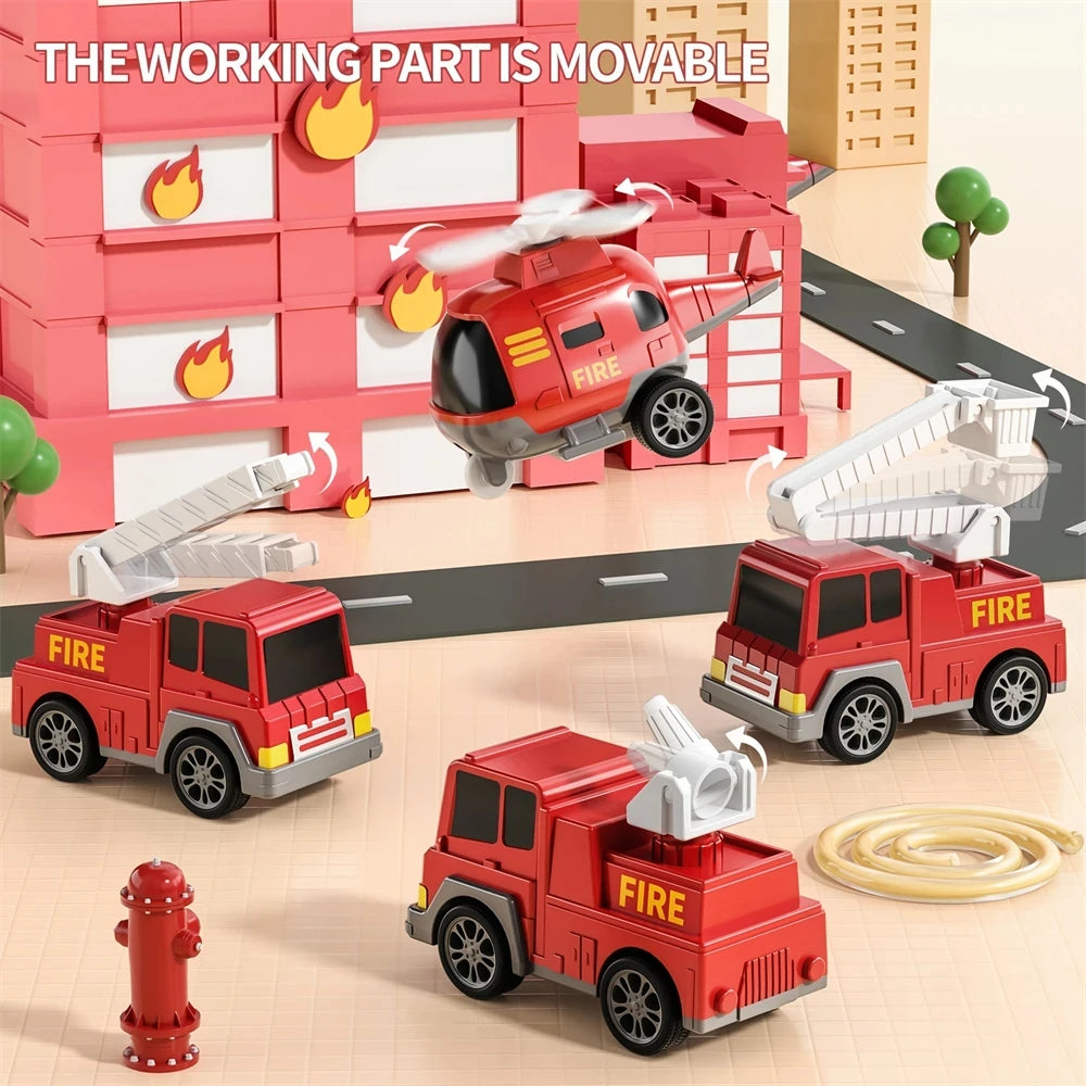 Friction Power 5-in-1 Carrier Truck &amp; Fire Engine Toy Set for Toddlers