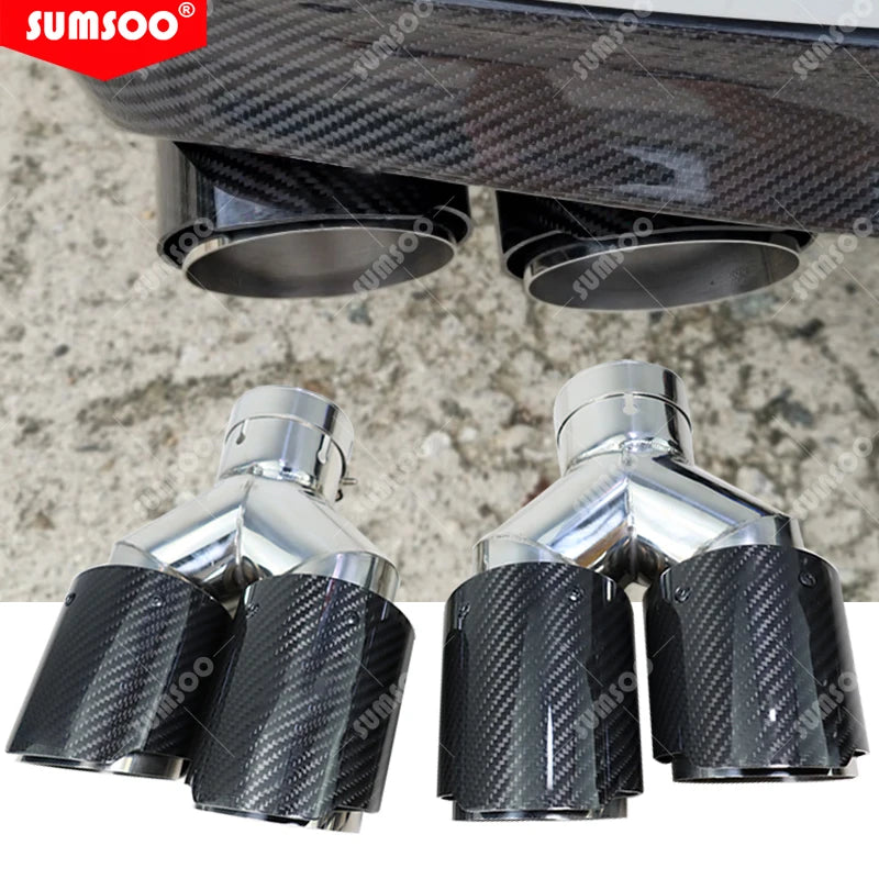 Накрайник за ауспух от въглеродни влакна, Y-образен, двойно изходен, черен неръждаем, универсален