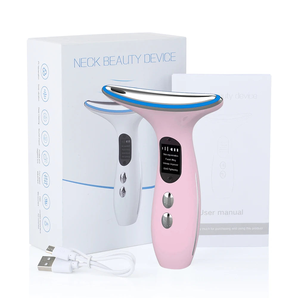 PASTSKY EMS Neck &amp; Face Beauty Massager with LED Photon Therapy Pink / CHINA