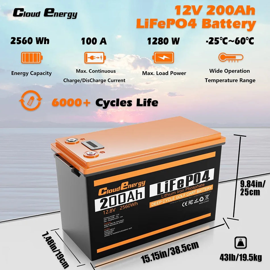 Cloudenergy 12V 200Ah LiFePO4 akumulatoru komplekts rezerves enerģijai 2560Wh 6000 cikli iebūvēts 100A BMS sērija paralēli