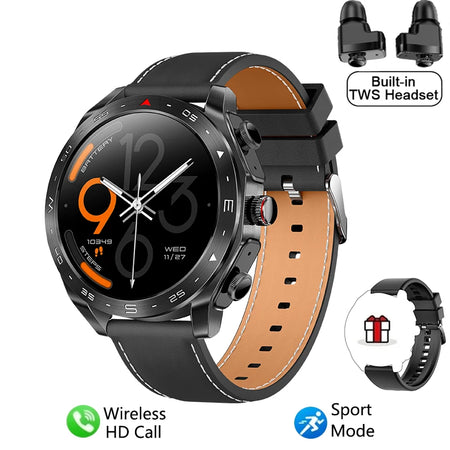 GEJIAN 2024 Smart Watch with TWS 2-in-1 Bluetooth Earphones and HIFI 9D Sound Quality Leather Black