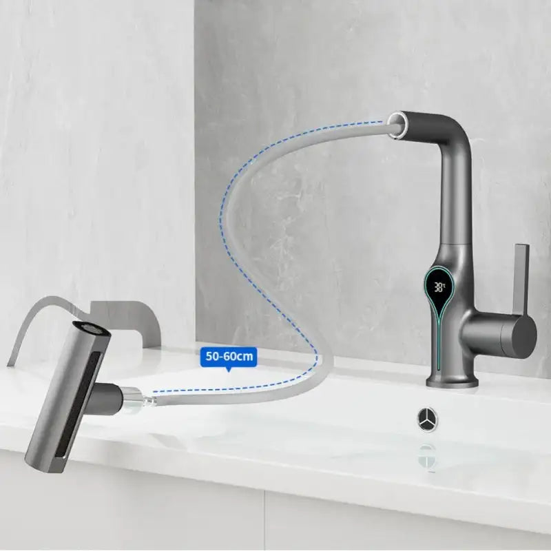 Waterfall Temperature Digital Display Basin Faucet Lift Up Down Stream Sprayer Hot Cold Water Sink Mixer Wash Tap For Bathroom
