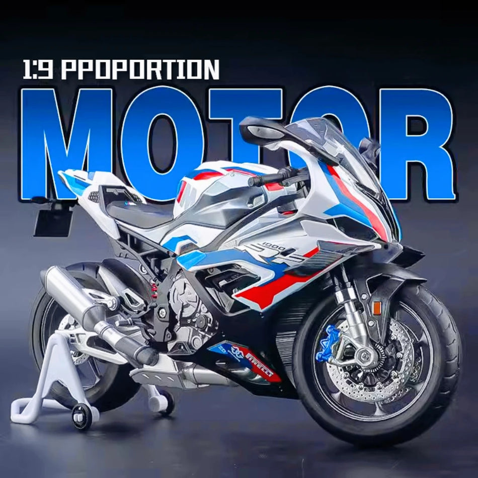 Model de motocicletă diecast la scară 1:9 cu lumini LED și direcție pe roata din față