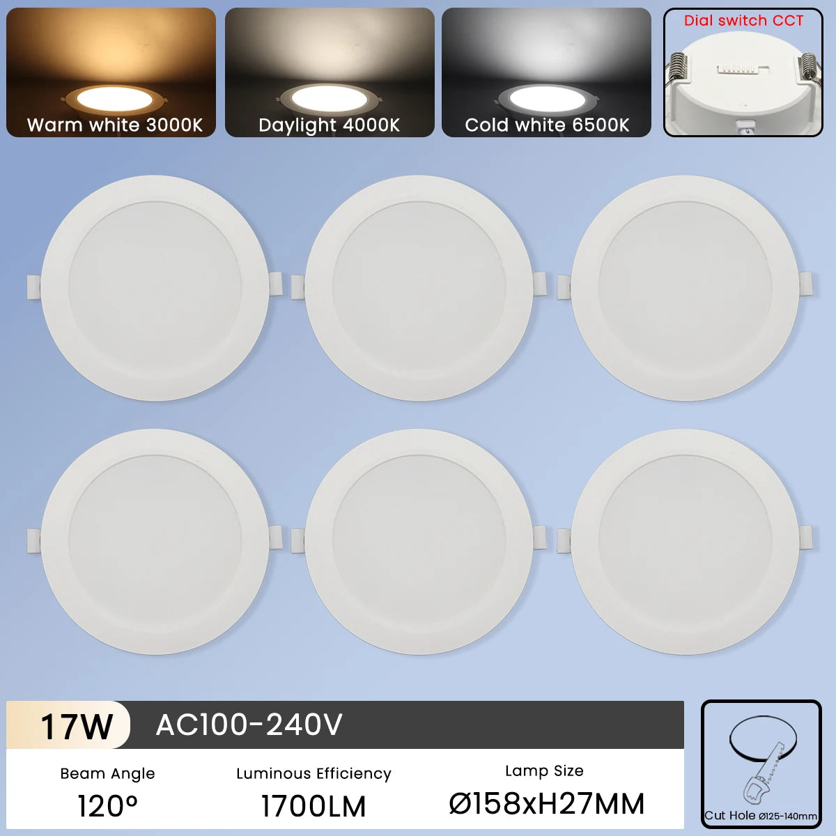 6Pcs Color Adjusted LED Downlight - CCT Dial Switchable 17W / AC100-240V / 6pcs