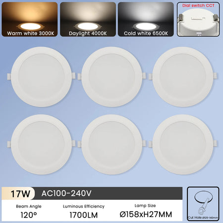 6Pcs Color Adjusted LED Downlight - CCT Dial Switchable 17W / AC100-240V / 6pcs
