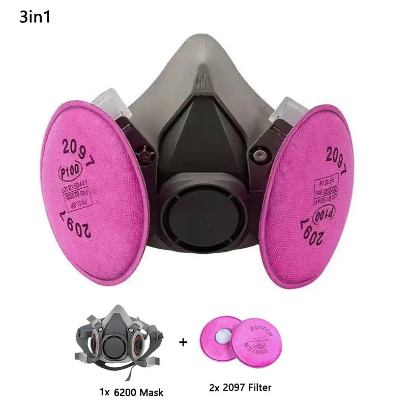 6200 Dust Gas Respirator Half Face Mask - With 2097 Filter 3in1