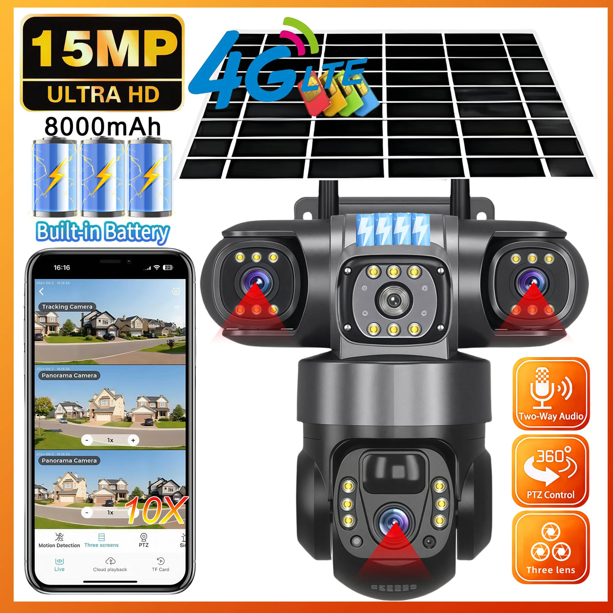 V380 Pro 3 Lens 4G IP Solar Camera HD 15 MP Outdoor Waterproof CCTV Night Vision Two-Way Audio Camera Mobile Tracking IP Camera