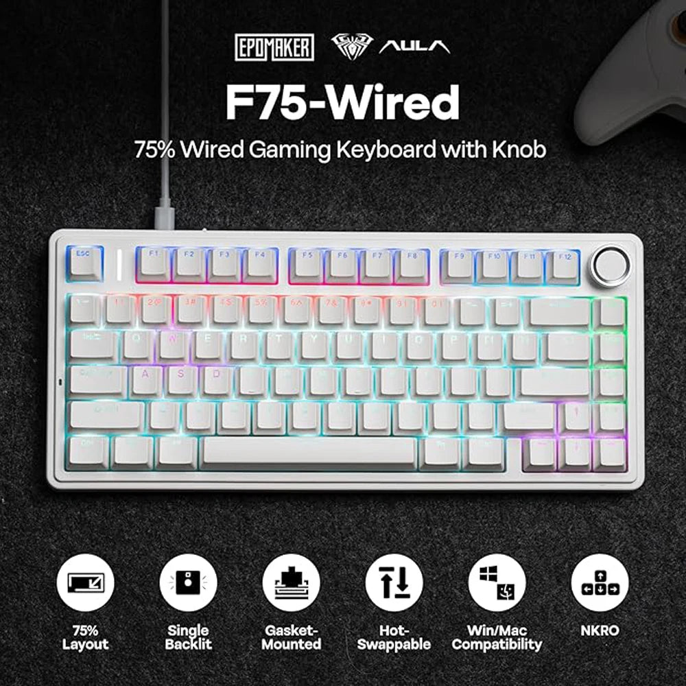 EPOMAKER x Aula F75 Gasket Mechanisch Toetsenbord, 75% Hot Swap-compatibel Gaming-toetsenbord met Vijf-laagse Bekleding en Knop, BT/draadloos/USB-C, RGB, NKRO (Zwart, Ice Vein Switch EPOMAKER x Aula F75 Gasket Mechanisch Toetsenbord, 75% Hot Swap-compatibel Gaming-toetsenbord met Vijf-laagse Bekleding en Knop, BT/draadloos/USB-C, RGB, NKRO (Zwart, Ice Vein Switch