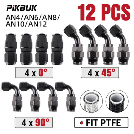 PIKBUK 12Pcs AN4/6/8/10/12 Universal Straight 45 90 Degree Reusable Hose End Fittings Adapter For Swivel PTFE Oil Fuel Line Pipe by InterCyprus Trading Ltd
