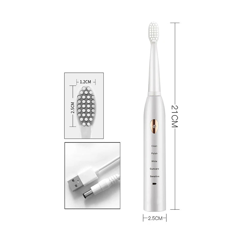 Clean Adult Black White Classic Acoustic Electric Toothbrush &ndash; Customizable 5-Gear Mode
