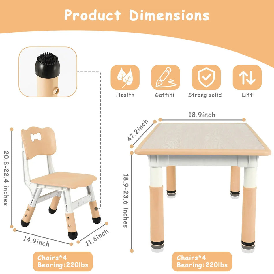 Height Adjustable Kids Study Table And 4 Chair Set Plastic