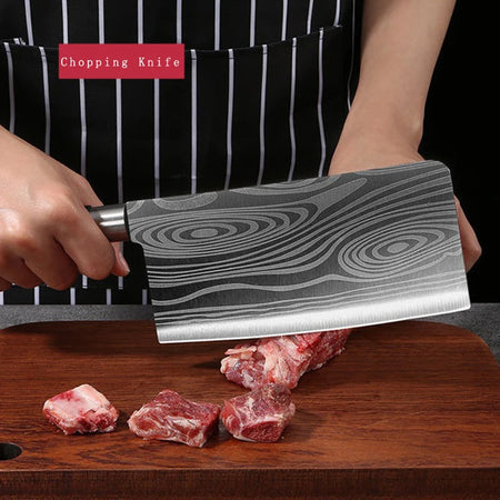 Laser Damascus Kitchen Knives Set with Scissors and Sharpening Rod 01