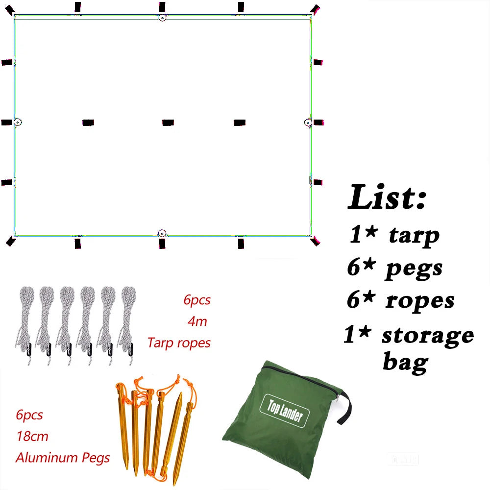 Versatile Waterproof Camping Tarp with 19 Hang Points - Lightweight Sun Shelter with 6 ropes 6 pegs / Khaki 3x4m