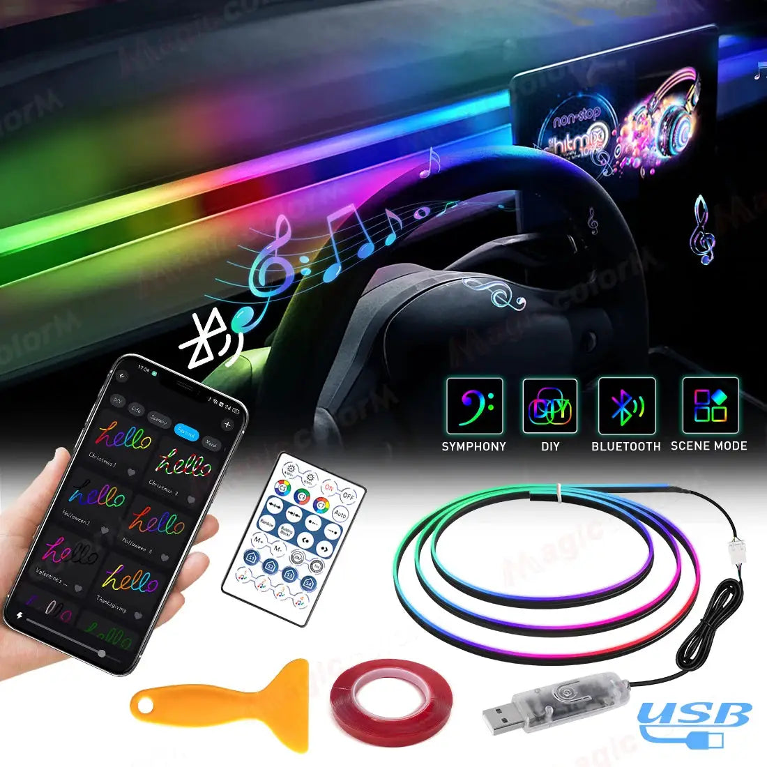 Car USB Ambient Lights Universal LED Symphony RGB Atmosphere Lamp 64 Colors Acrylic Strip Control Remote APP for Tesla Model by InterCyprus Trading Ltd
