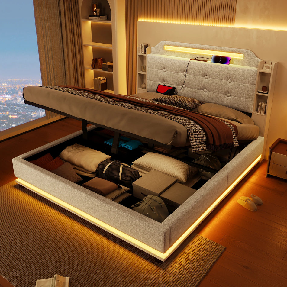 Oblazinjena postelja 140x200cm z LED svetlobno palico in shrambo