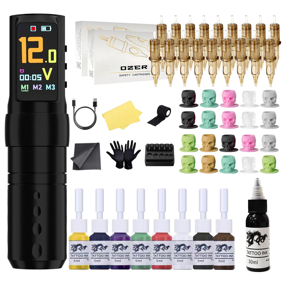 OZER Trådløs Tattoo Pen Sæt Tre Tilstande 1800mAh 4mm Slag