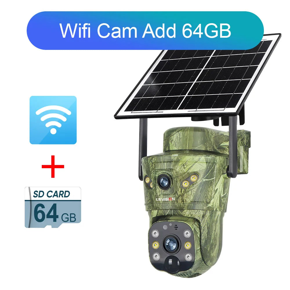 LS VISION 8MP Dual Screen Solar Camera Outdoor 4G/WiFi PTZ PIR Detection 2-Way Talk Waterproof Surveillance Cameras V380 Pro App WiFi Cam Add 64G / CHINA