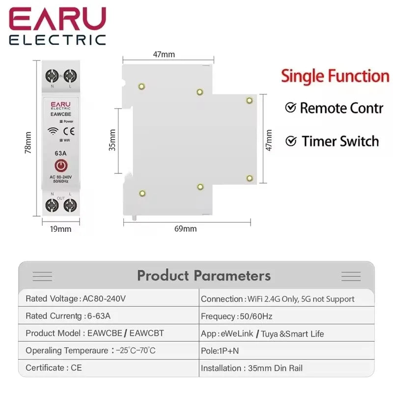 Tuya eWeLink 63A WiFi Smart Circuit Breaker with Remote Control and Energy Monitoring