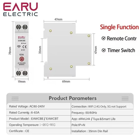 Tuya eWeLink 63A WiFi Smart Circuit Breaker with Remote Control and Energy Monitoring