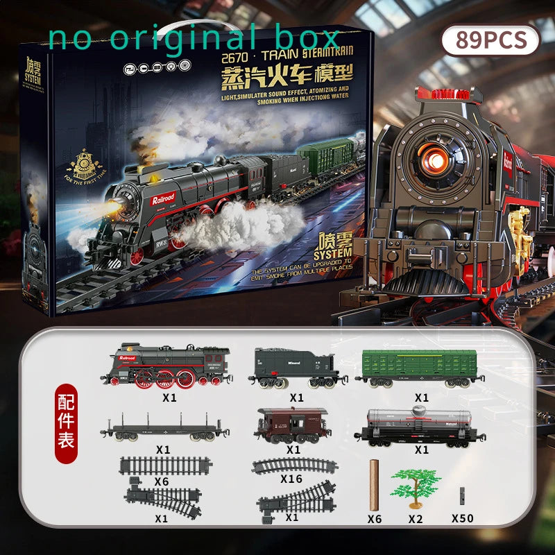 Retro Electric Steam Train Toy Set with Smoke, Lights &amp; Sound 89PCS no box