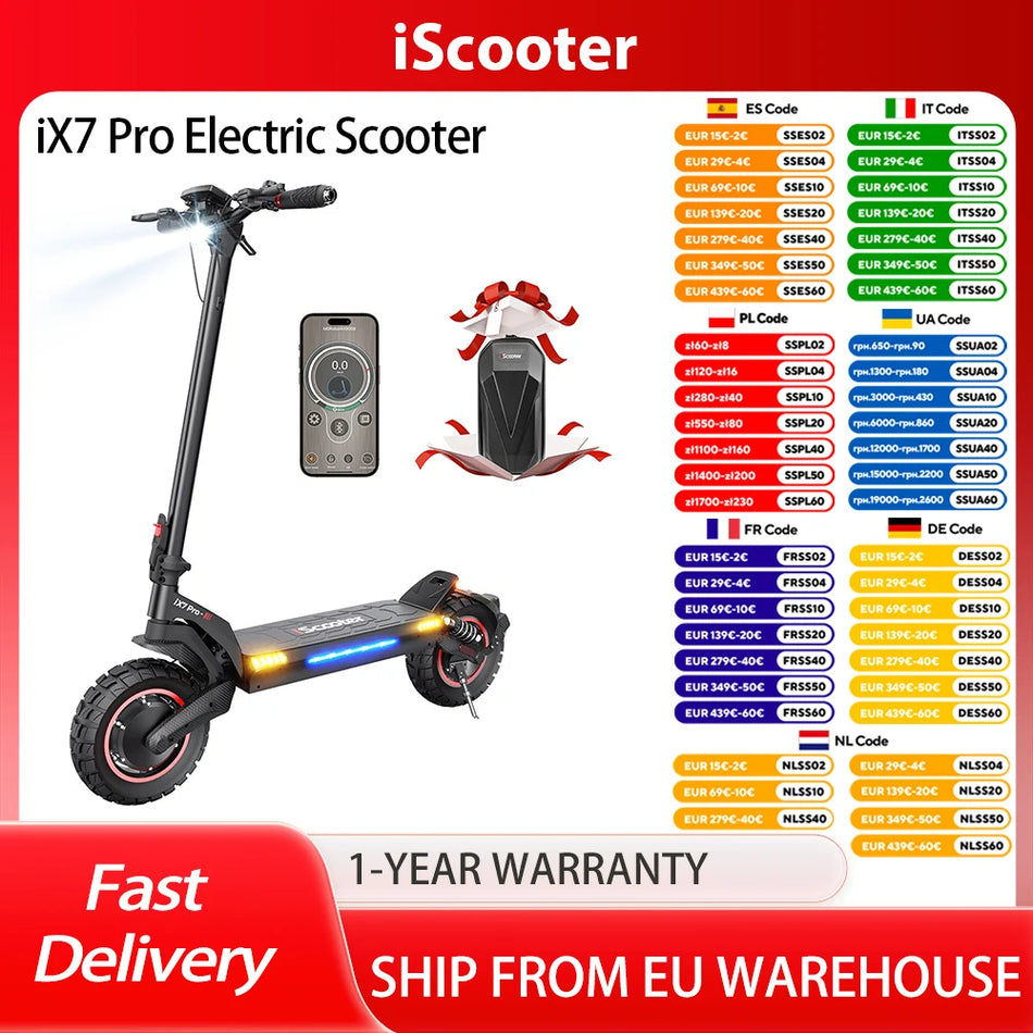 iScooter iX7 Pro Ηλεκτρικό Πατίνι με Διπλούς Κινητήρες 1000W, Μπαταρία 48V 17.5Ah, Εμβέλεια 70-80km, Μέγιστη Ταχύτητα 60kmh