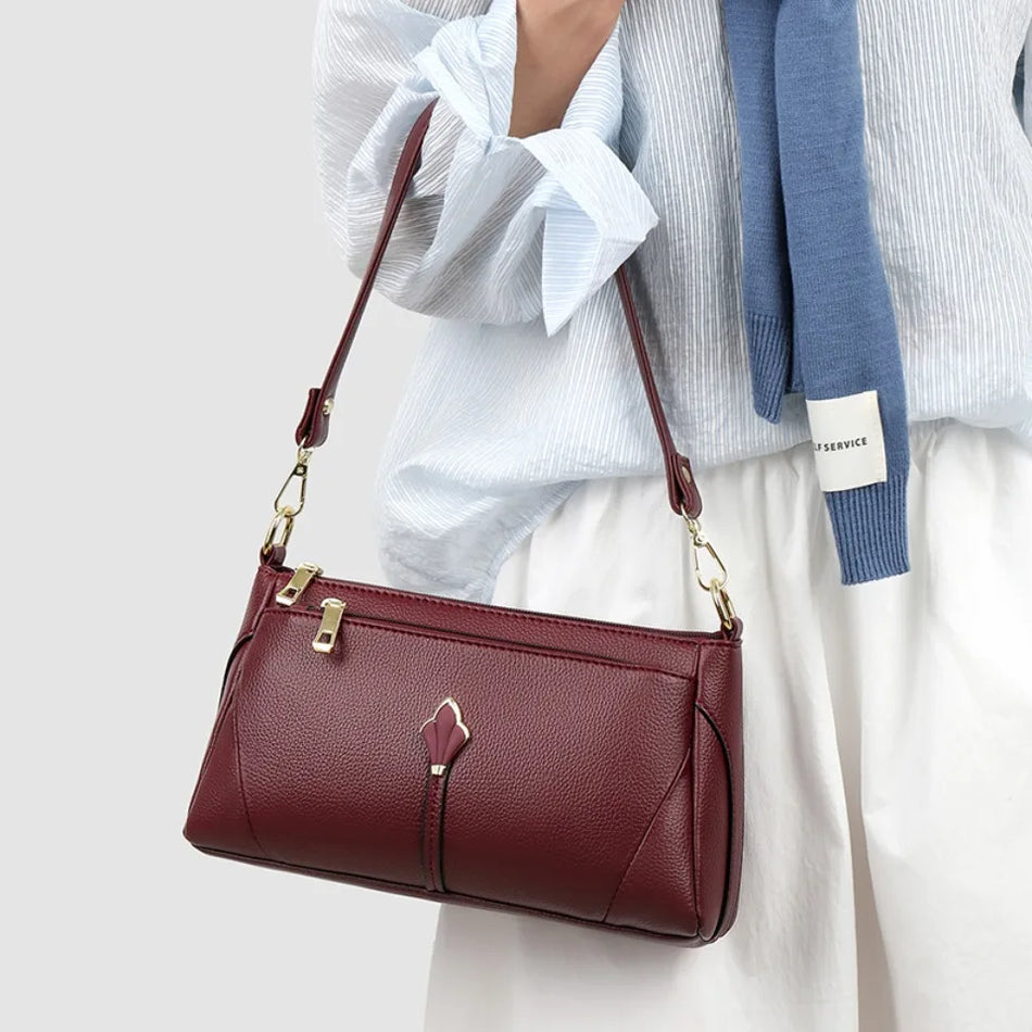 Genuine Soft Leather Handbag for Women, Shoulder Crossbody Bag with Zipper Pockets, High Quality