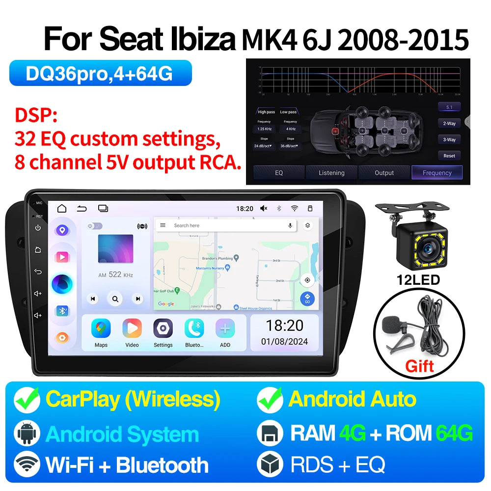 Android Car Radio For Seat Ibiza MK4 6J - 9 Inch CarPlay DQ36Pro 12LED