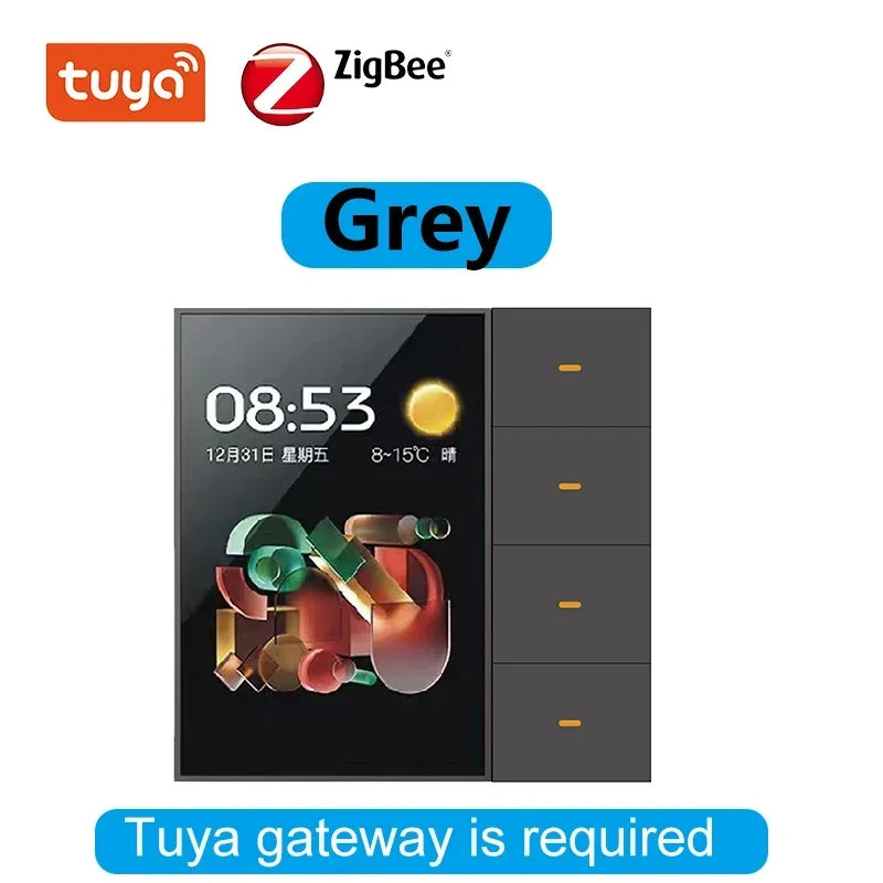 Tuya Zigbee 3.5 Inch Smart Wall Switch &ndash; Four Channel Zigbee Black