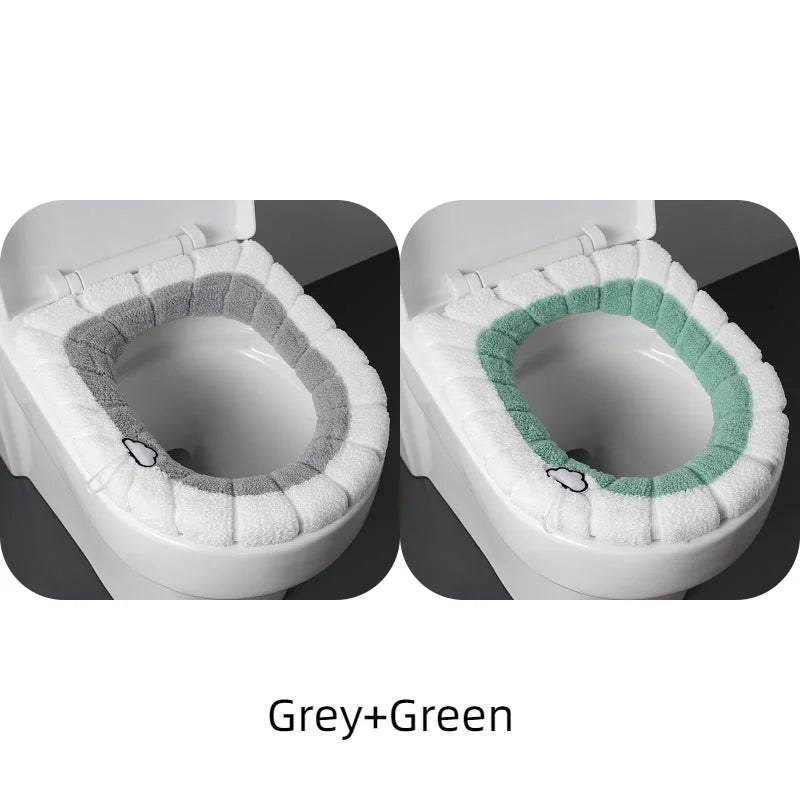 2856C Thickened Plush O-Type Warm Toilet Cushion &ndash; Cozy GreyXGreen