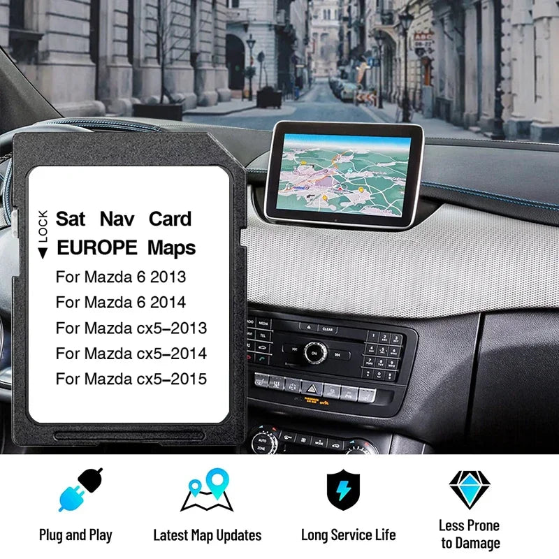 Tarjeta SD GPS con mapas 2025 para Mazda 6 CX-5, regiones de la UE y Reino Unido.