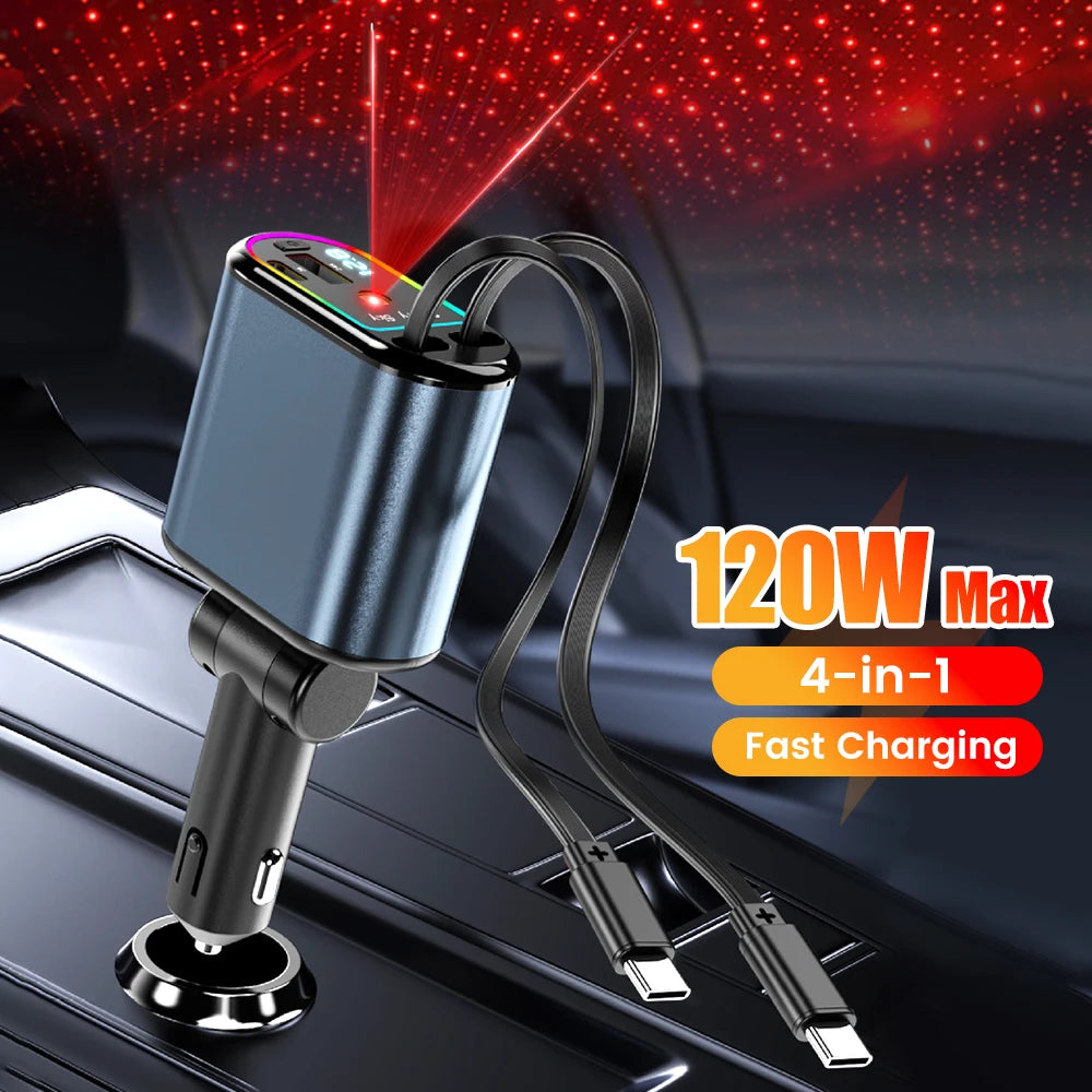 120W 4-In-1 Retractable Car Charger Type-C - Fast Charge