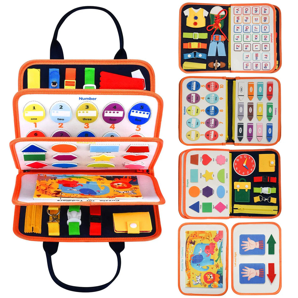 Montessori Sensory Busy Board for Kids Ages 3-6 - Educational Toy for Fine Motor Skills Development and Early Learning Orange