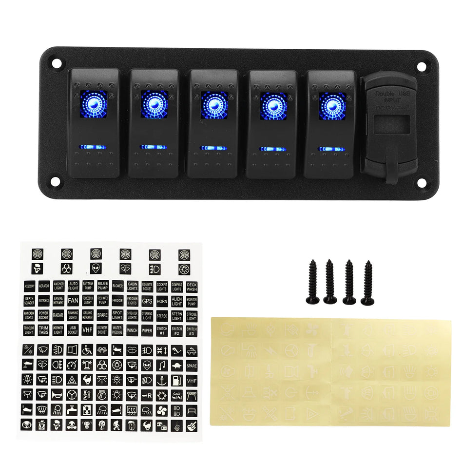 Panou de comutator rocker cu 5 ganguri 12V-24V cu încărcător dual USB pentru camion