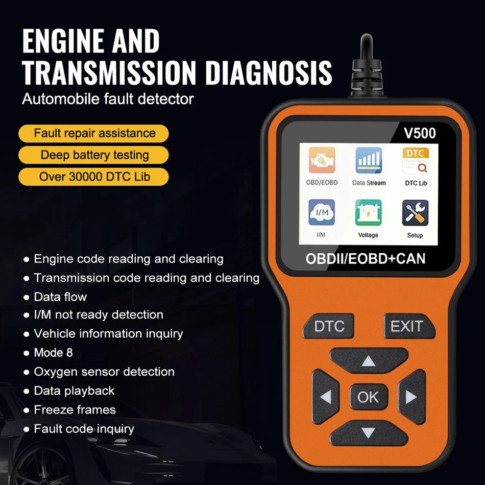 12V OBD2 automašīnu diagnostikas rīks V500 skeneris ar dzinēja pārbaudi, O2 sensoru