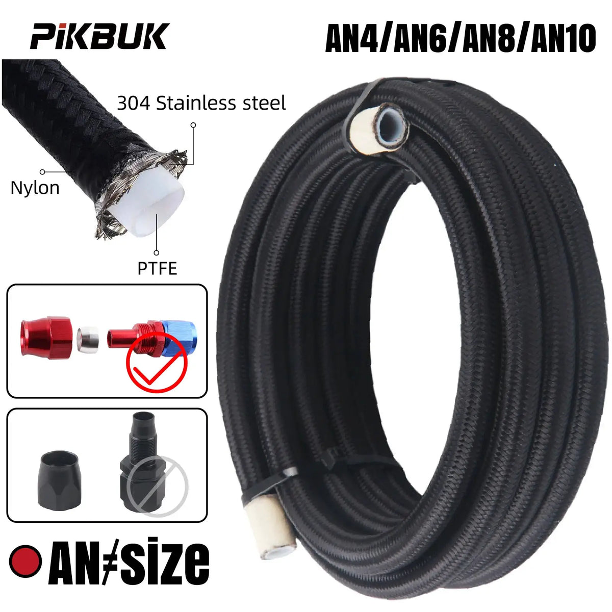 1M/2M/3M/5M AN4 AN6 AN8 AN10 Universal E85 Fuel Hose Oil Gas Cooler Line Pipe Tube Inside PTFE Nylon Stainless Steel Braided by InterCyprus Trading Ltd