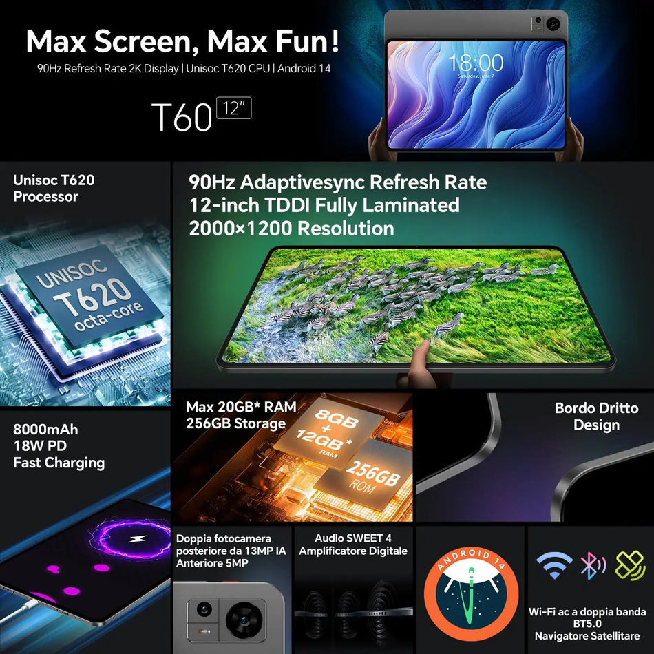 Teclast T60 12 Inch Tablet 2K Display Android 14 256GB 4G