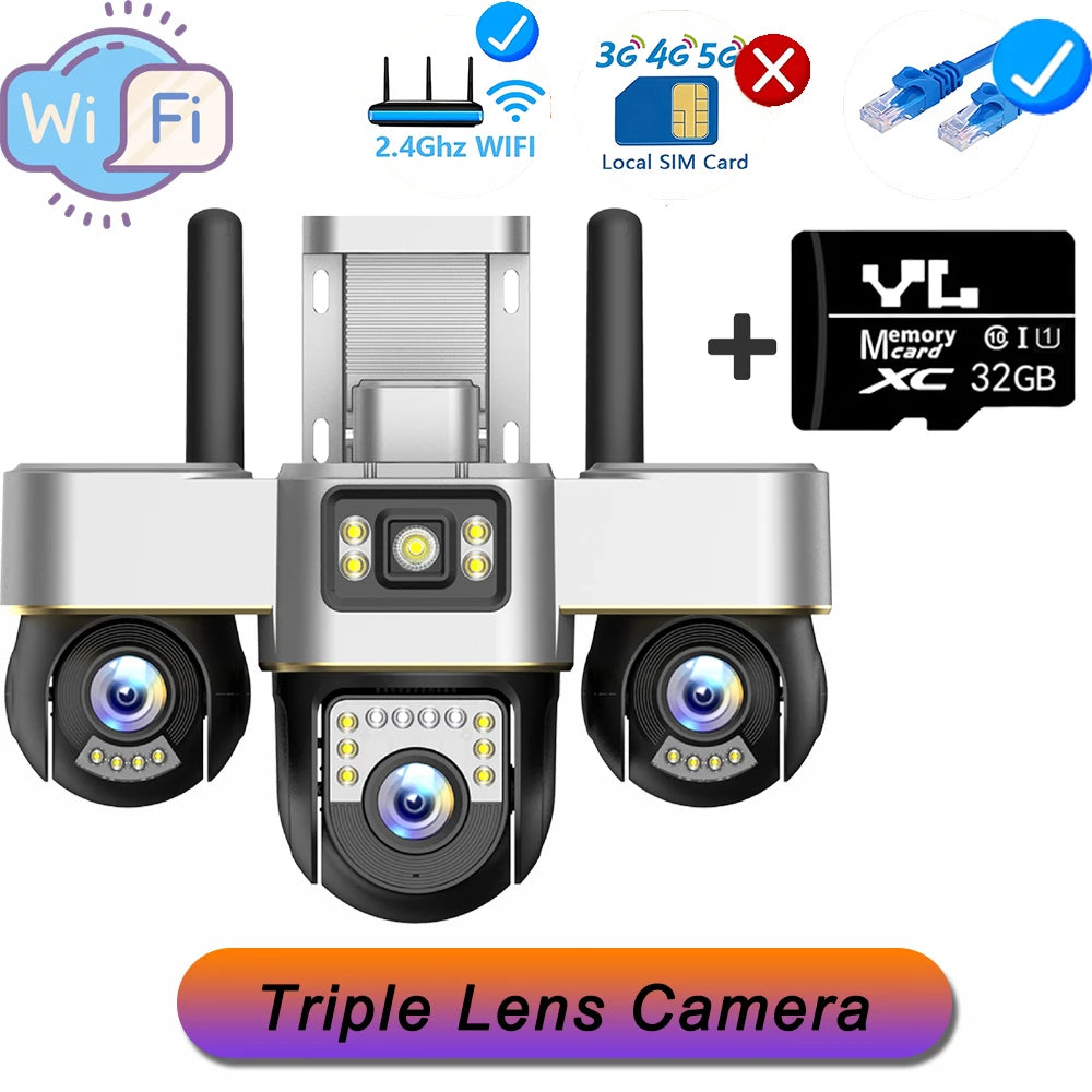 15MP Three Screens IP Camera Wireless Outdoor Three Lens PTZ Lens Audio Human Auto Tracking Surveillance Wifi Cameras Waterproof WIFI Cam 32G Card / US Plug